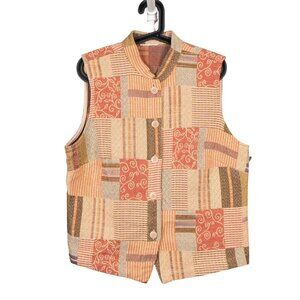 Patchwork Woven Vest L VTG 90s Buttons Mandarin Collar Orange Green Earthy
